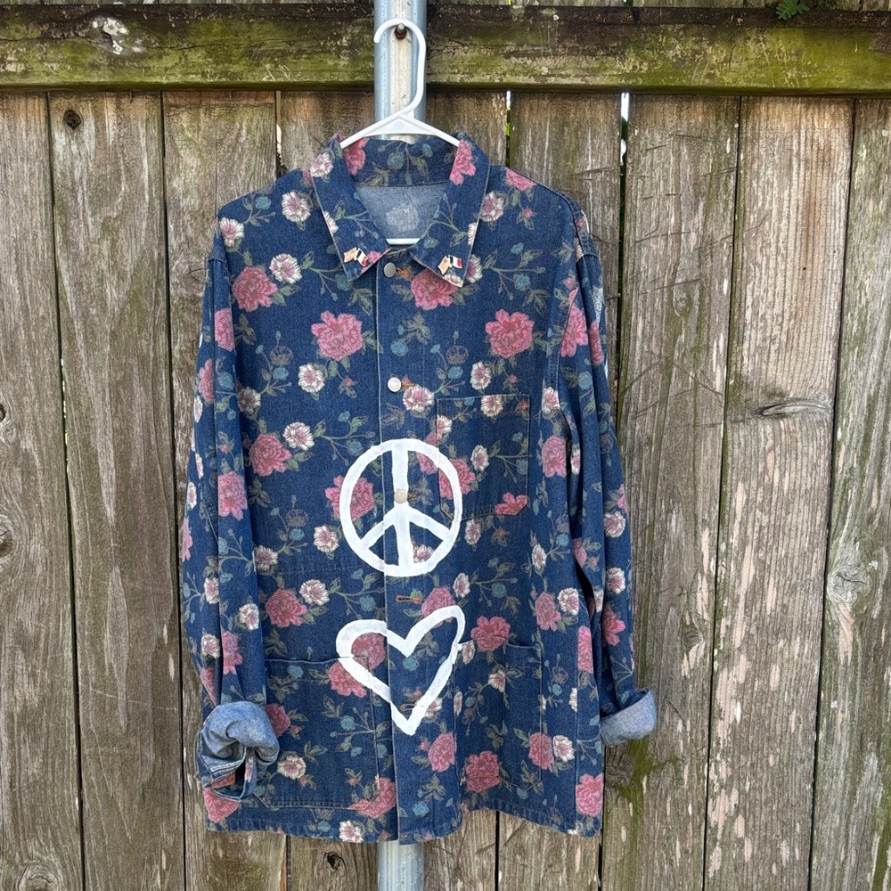 Floral Denim Jacket with Peace and Heart Design